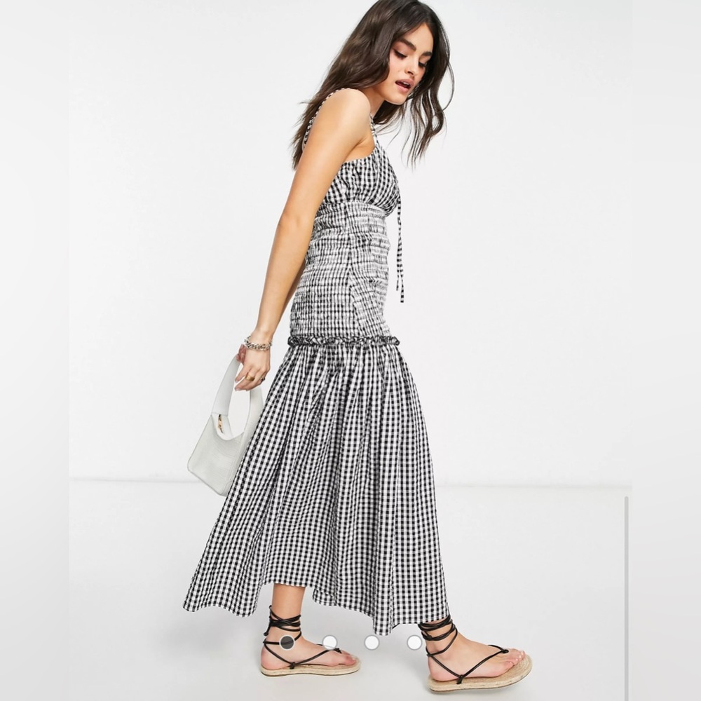 ASOS ruched bust cami midi sundress shirred waist cotton poplin in gingham SZ 14